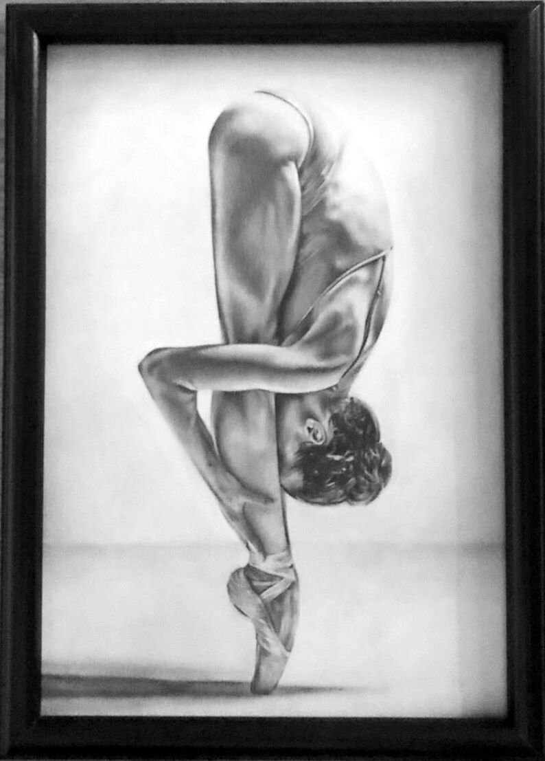 May include: A black and white drawing of a ballerina in a pointe shoe, bending over with her head down and her arms wrapped around her legs.