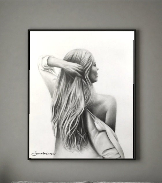 女性の背中の鉛筆画、セクシーな女性の鉛筆画、オリジナルの鉛筆画