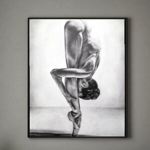 May include: A black and white pencil drawing of a ballerina in a pointe shoe, standing on one leg and bending over with her other leg extended behind her.
