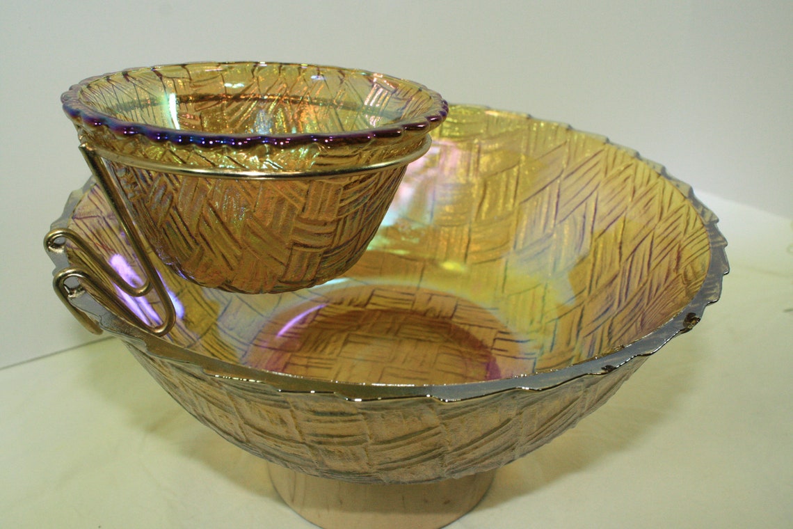 Marigold Carnival Glass Chip & Dip Two Bowl Set Vintage Etsy