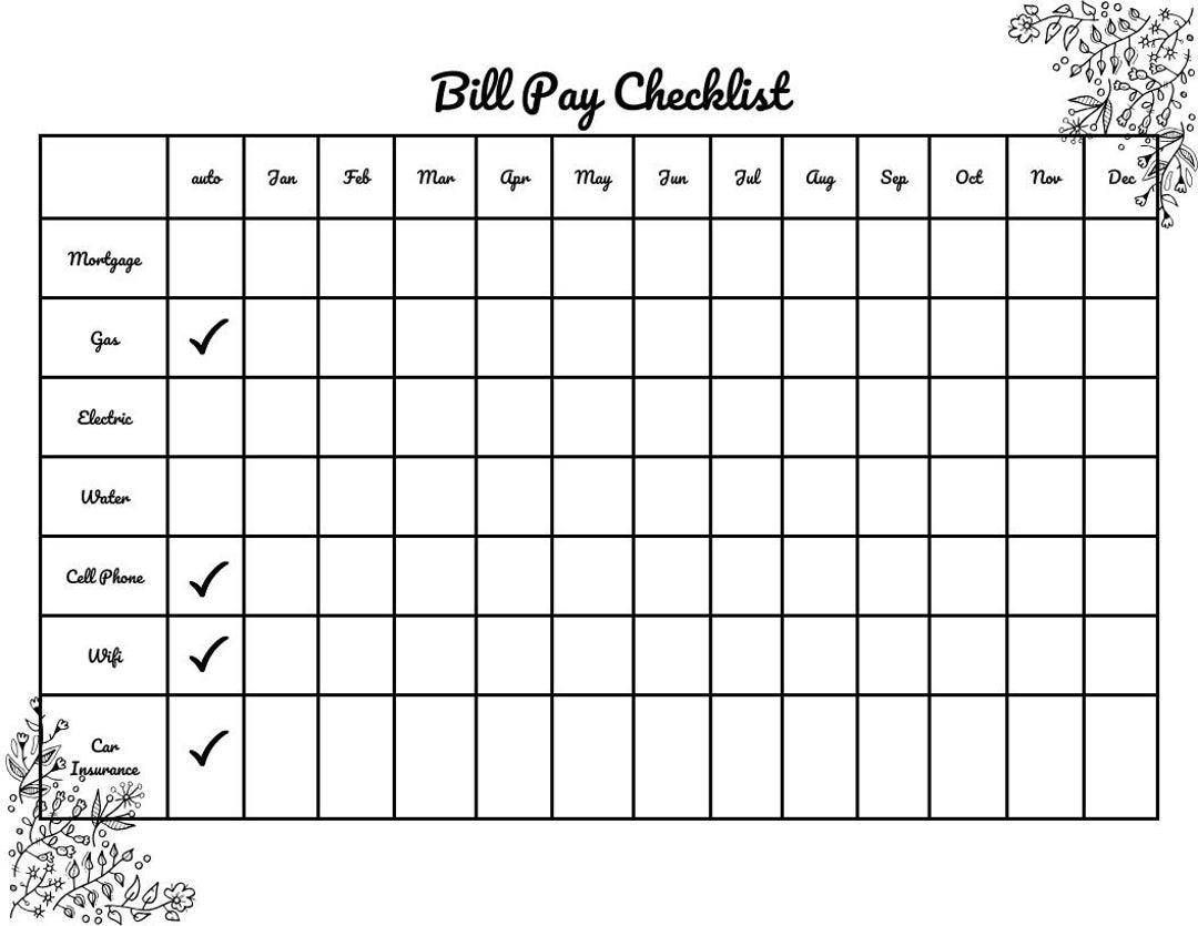 Editable Bill Pay Checklist Simple Floral - Etsy
