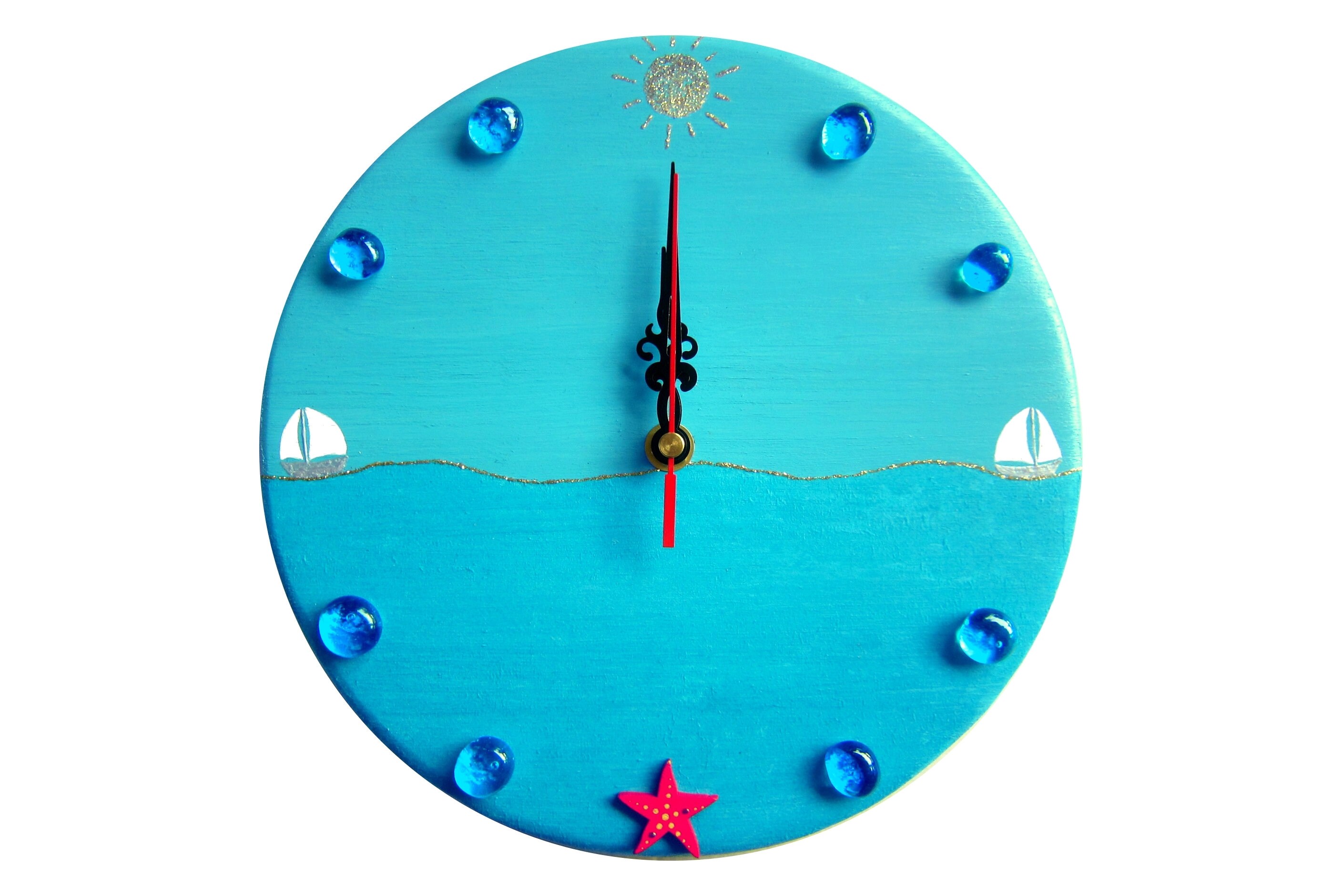 Horloge Bois Murale, Thème Marin, Décoration Bleu, Turquoise, Mer