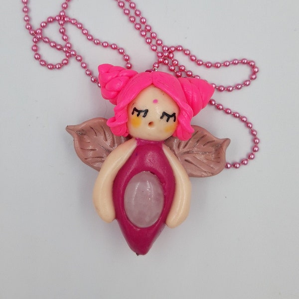 Collier lullabie - fée papillon avec agate- rose et fushia - chaine bille 70 cm -Collier figurine kawaii