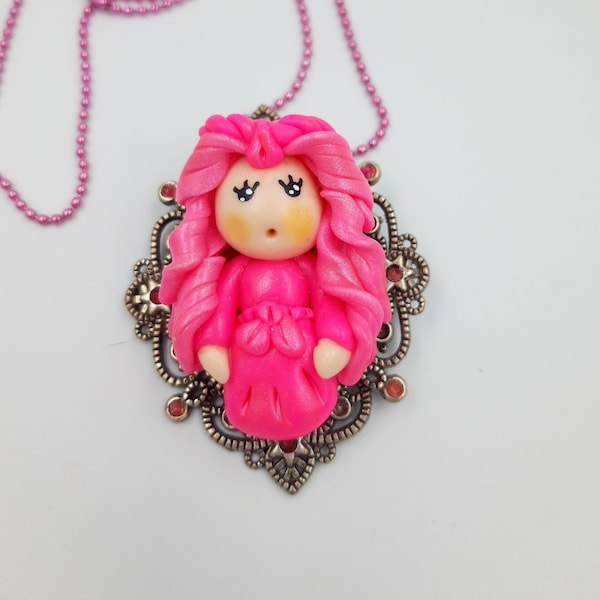 Collier Figurine Princesse Rose- Sautoir féerique kawaii Princesse - Figurine féerique kawaii Princesse Rose- Collier figurine Fée kawaii