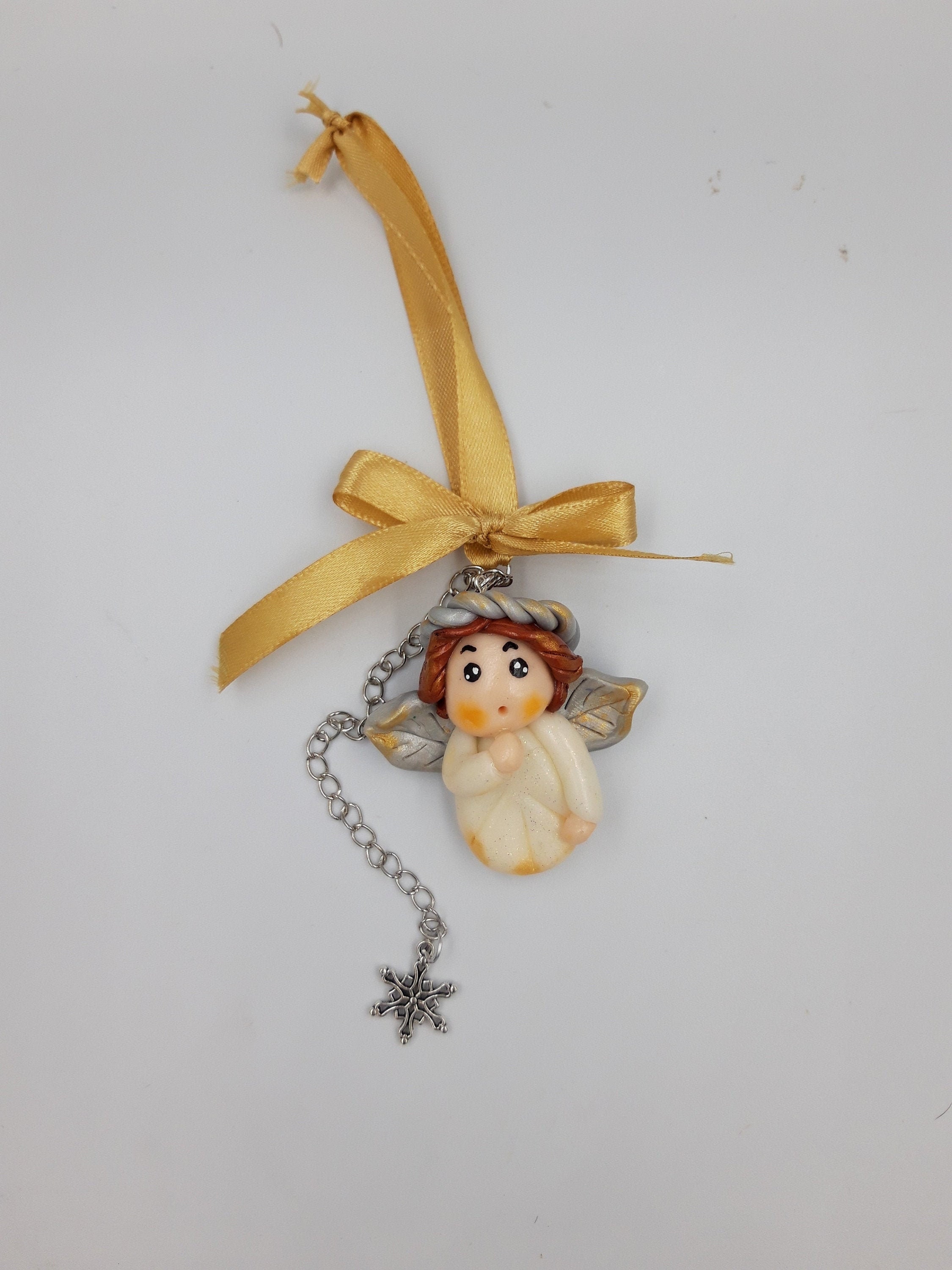 Mignon Petit Ange Blanc de Noël Aux Ailes Argenté et Cheveux Cuivrés - Figurine Décorative à Suspend