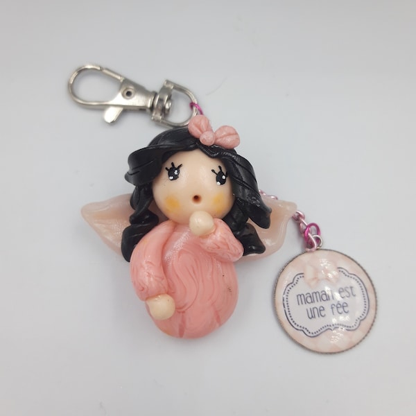 Bijou de sac fée pour maman "maman est une fée" figurine fée brune, et robe rose - Décoration féerique-Porte clefs Fée-Cadeau fête des mères