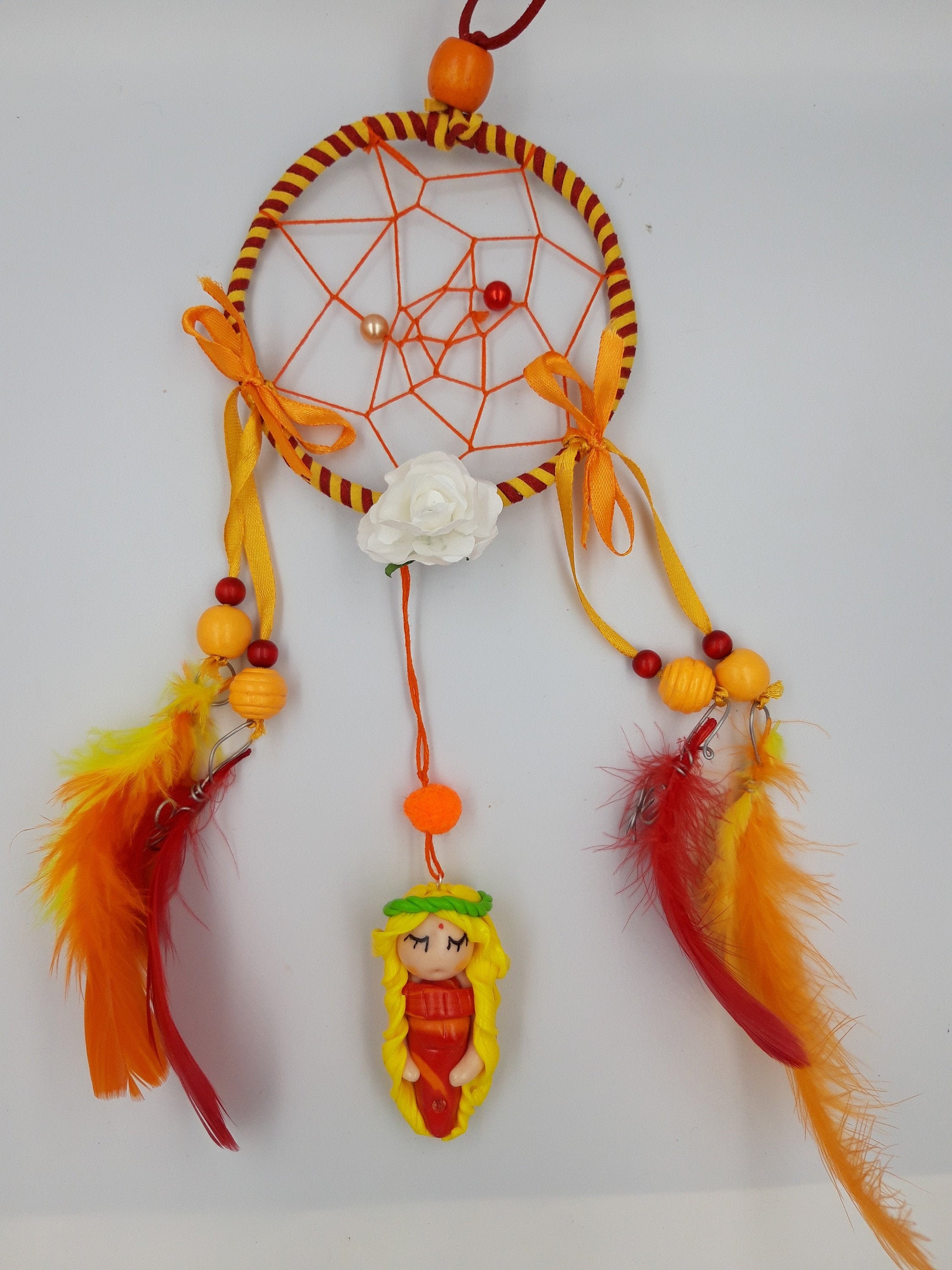 Petit Attrape Rêves Déesse de L'été -Décoration Féerique Chambre Enfant -Attrape Jaune et Rouge -Cad