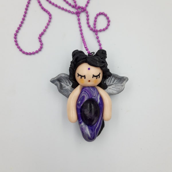 Lullabie Halskette - Schmetterling Fee mit Achat-Violett und schwarz - Kugelkette 70 cm-Halskette kawaii