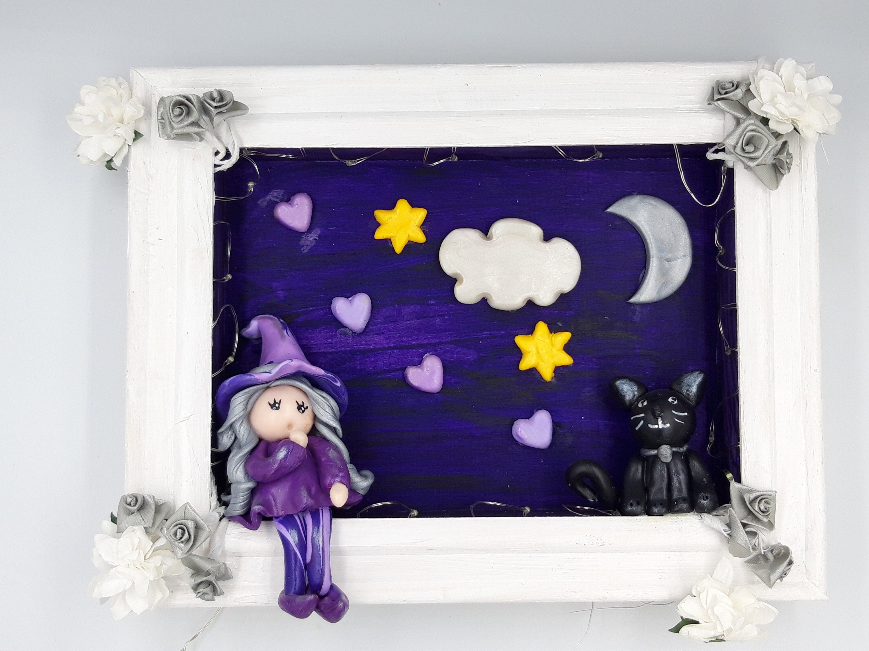 Cadre Féerique Violet et Lumineux Décoration Chambre Sorcière Chat -Ajout Du Prénom Possible-Décorat