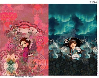 French Terry / Sommersweat Panel 75 x 150 cm 3 geteilt Geisha Manga Anime