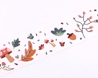 NASTRO PER MASCHERATURA Autunno, motivi a funghi, nocciole, foglie, nastro fantasia Washi, Scrapbooking