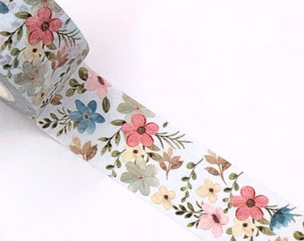 MASKING TAPE, Motif Petites Fleurs Champêtres, fond blanc et fleurs bleu, beige et rose, washi tape fantaisie, scrapbooking