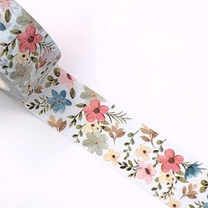 MASKING TAPE, Motif Petites Fleurs Champêtres, fond blanc et fleurs bleu, beige et rose, washi tape fantaisie, scrapbooking image 1