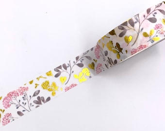 MASKING TAPE - Motif hortensia - washi blanc motifs gris rose doré - Washi Tape Bullet Journal - Accessoire Scrapbooking thème été printemps