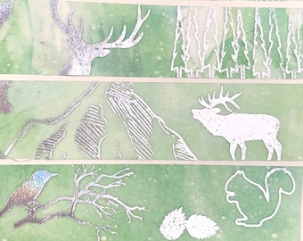 MASKING TAPE - Forest animals - patterns firs mountain deer bear fox doe - washi green silver - Bullet Journal - Scrapbooking