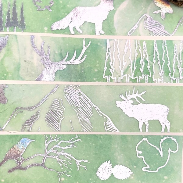 MASKING TAPE - Les animaux de la forêt - motifs sapins montagne cerf ours renard biche - washi vert argent - Bullet Journal - Scrapbooking