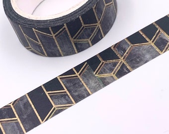 MASKING TAPE, Motifs Art Déco, mosaïque doré sur fond noir et marbre, washi tape fantaisie, Bullet Journal, Scrapbooking thème vintage