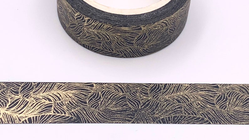 MASKING TAPE 20er Jahre Art Deco Muster goldenes Laub auf schwarzem Hintergrund, Washi Fancy Tape, Bullet Journal, Scrapbooking Vintage-Thema Bild 1