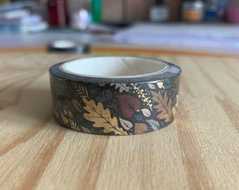 MASKING TAPE - Motifs Feuillage d'automne - feuille de chêne fond noir - feuilles d'or - Washi Tape Bullet Journal - Accessoire Scrapbooking