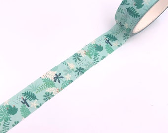 MASKING TAPE, Pattern small cute tropical plants in green, blue and turquoise tones, Washi fancy, Bujo, Scrapbooking