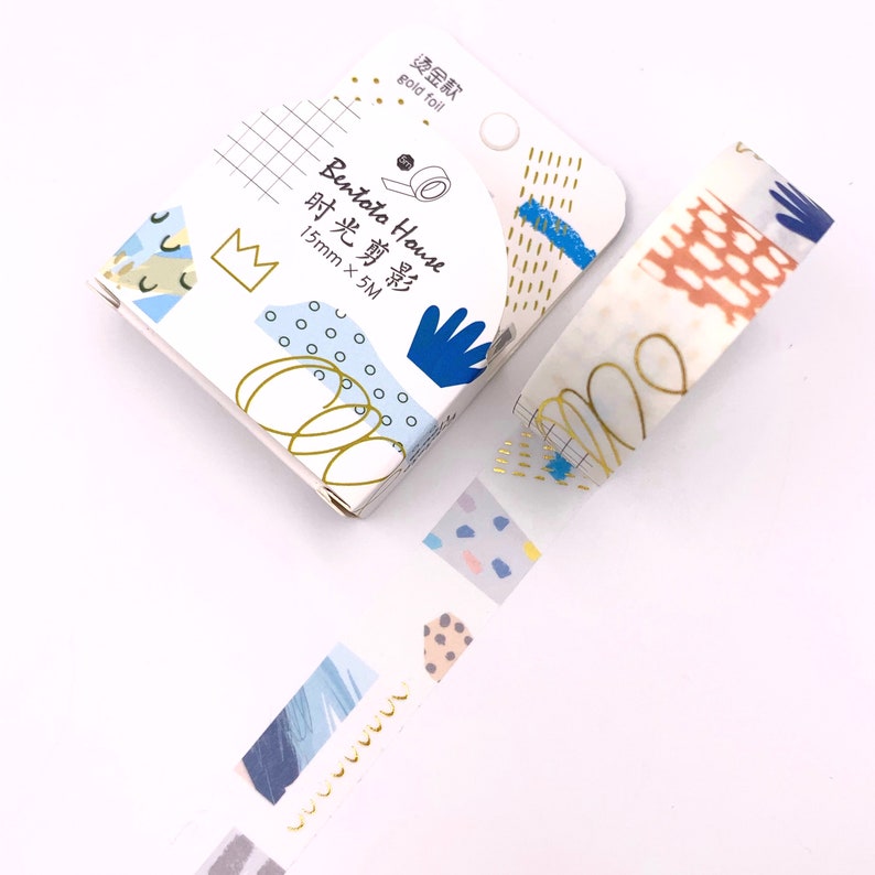 MASKING TAPE Doodling patterns washi square dots round blue pink gold Washi Tape Bullet Journal Scrapbooking accessory astral theme image 3