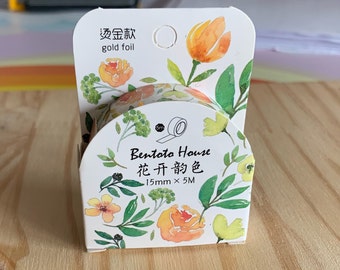 MASKING TAPE - Gartenblumenmuster - Orange Koralle Rosa Grün Goldfolie - Washi Tape Bullet Journal - Scrapbooking-Zubehör