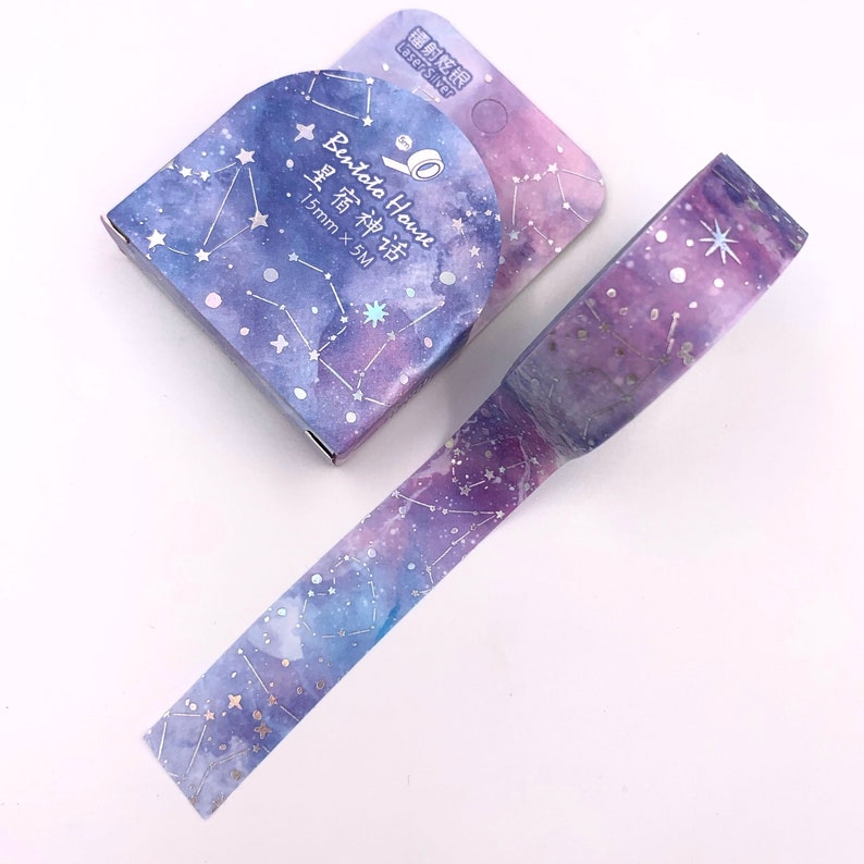 MASKING TAPE Ciel étoilé motifs nuages ciel étoiles washi bleu violet rose argent Bullet Journal bujo Scrapbooking thème astral image 1