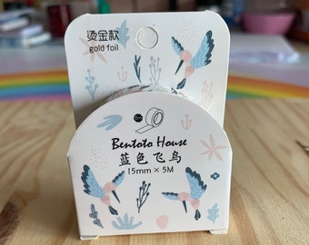 MASKING TAPE - Hummingbird Pattern - Little Blue and Pink Bird - Gold Leaf - Washi Tape Bullet Journal - Scrapbooking Accessory