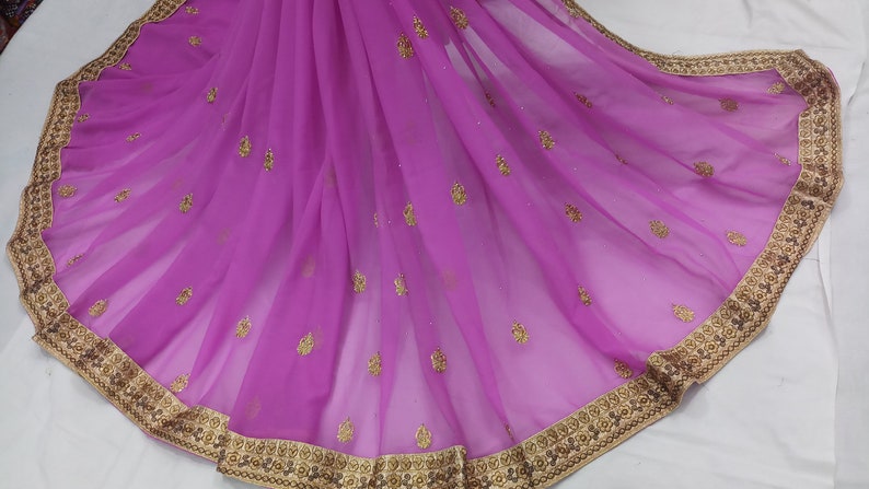 indian Vintage Saree Blend Georgette Embroidery Printed 5 Yard Sari Craft Fabric
