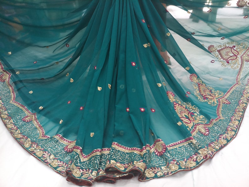 indian Vintage Saree Blend Georgette Printed 5 Yard Sari Craft Fabric