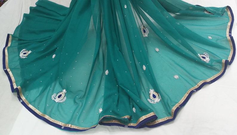 indian Vintage Saree Blend Georgette Embroidery Printed 5 Yard Sari Craft Fabric