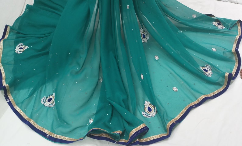 indian Vintage Saree Blend Georgette Embroidery Printed 5 Yard Sari Craft Fabric