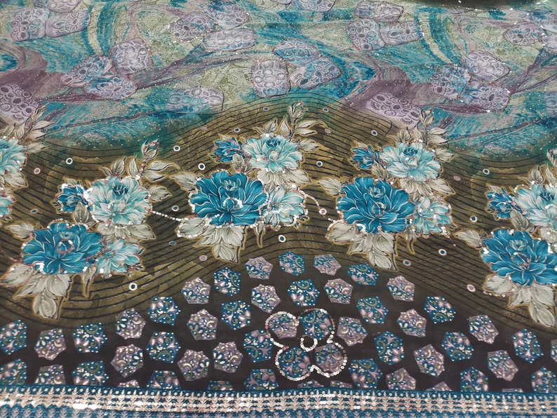 indian Vintage Saree Blend Georgette Printed 5 Yard Sari Craft Fabric