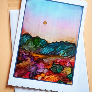 Carte tableau , PLEIN SOLEIL, peinte à l'encre à alcool, avec enveloppe