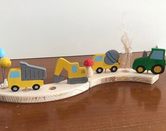 Construction vehicle motif: excavator, tractor, concrete mixer, dump truck; birthday ring; birthday topper; birthday table; boy; topper
