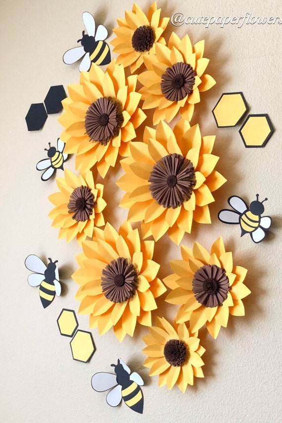 8 Sunflowers Wall Decor What Will It Bee Baby Girl Nursery Decor Bee Paper Flowers Bee Party Theme Girls Room Decor Baby Shower Gift