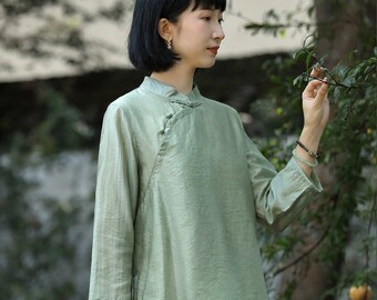 Cheongsam Top Blue Breen Mandarin Collar Chinese Women’s Blouse with Handcrafted Frog Button Closure