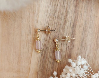 Boucles d'oreilles quartz rose pierre naturelle minimaliste boucle clou puce Adèle et Louise