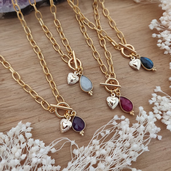 Natural stone necklaces moonstone amethyst rubi chain large links gold-plated brass HEART necklace by Adèle and Louise
