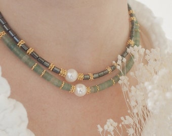 Freshwater pearl necklace and semi-precious stone hematite and aventurine boho jewelry to combine PEARL necklace by Adèle and Louise