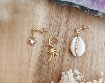 Mono earrings pack of three shell and palm tree earrings Adèle and Louise