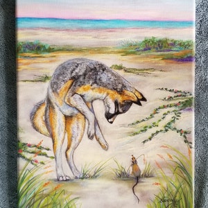 Fox art, grey fox art, grey fox giclee on stretched canvas, fox on the beach art, grey fox pouncing, fox novelty gift, fox lover gift, mouse