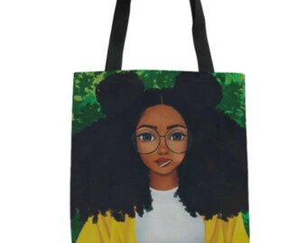 Black Girl With Glasses Tote| Black girl bag| Shopping tote| Travel tote| Black girl bookbag