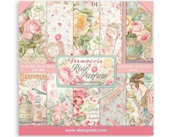 Papier scrapbooking 30x30 cm, 10 feuilles imprimées sur le thème des fleurs, Collection Rose Parfum Stamperia