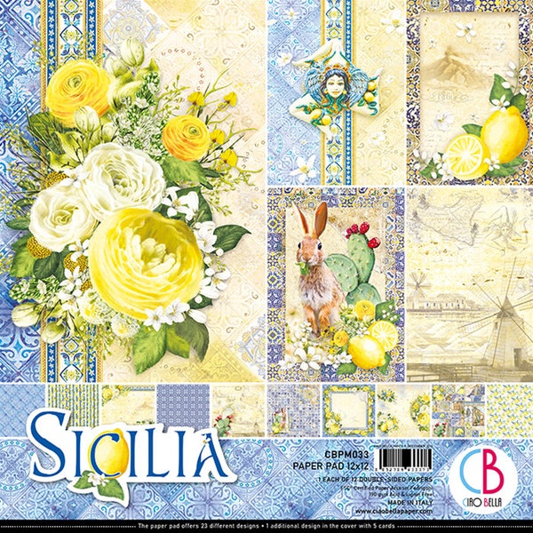 Papier scrapbooking 30x30, 12 feuilles imprimées tons jaune et bleu motif fleur et citron, Sicilia Ciao Bella