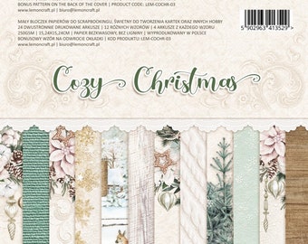 Papier scrapbooking de format 15X15 cm, 24 imprimés crème vert et brun Cosy Christmas Lemoncraft