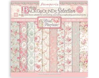 Papier scrapbooking 30x30 cm, 10 feuilles imprimées de fond rose et bleu, Collection Rose Parfum Maxi Backgrounds Stamperia