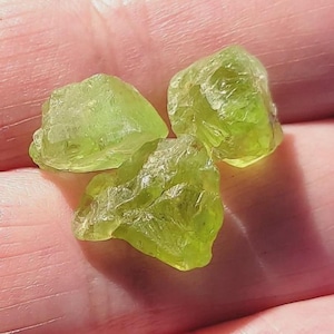 Op de afbeelding: Drie ruwe peridot edelstenen in tinten lichtgroen. De edelstenen hebben een kristallijne structuur en worden gepresenteerd tegen een huidskleurige achtergrond. De peridotstenen zijn onregelmatig van vorm en hebben een natuurlijke, ongepolijste uitstraling.