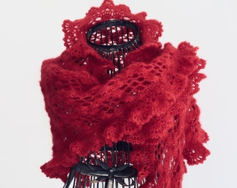 Châle, pointe, chauffe épaule rouge, femme, crochet, mohair et soie