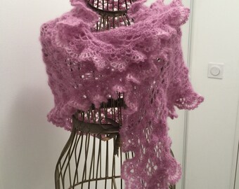 Châle, pointe, chauffe épaule rose, femme, crochet, mohair et soie